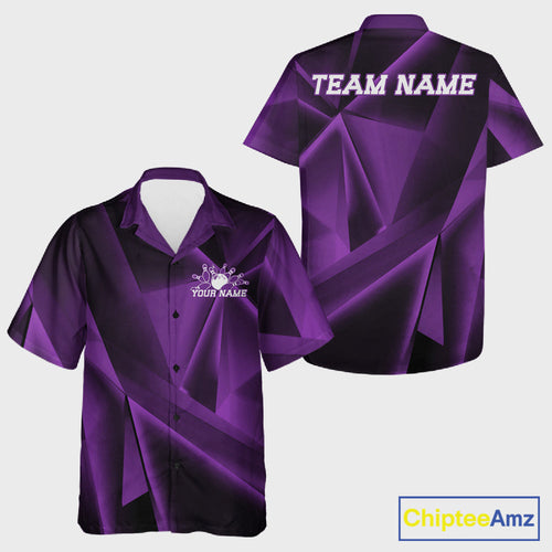 Custom Purple Fragmental Pattern Background And Bowling Team Hawaiian Shirt, Bowling Jerseys