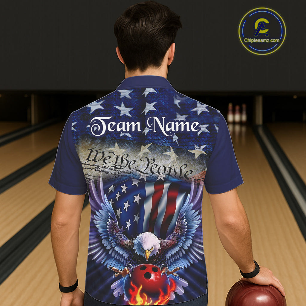 Customized Blue Eagle Bowling Shirt Patriotic Hawaiian Bowling Jersey US Bowling