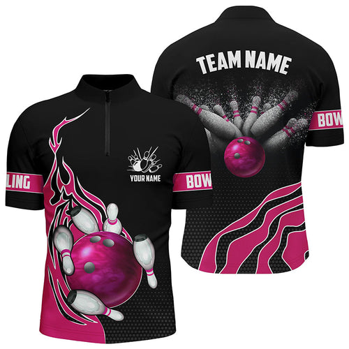 Pink Flame Bowling Polo Shirts Bowling Ball, Custom Bowling Team Jerseys Bowler Outfits