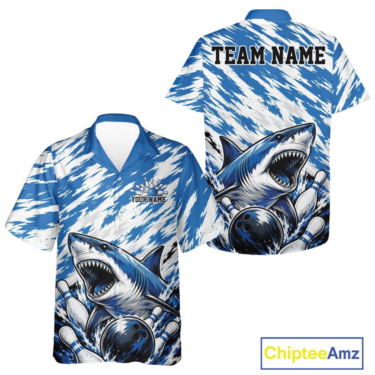 Custom Blue Camo Greate White Shark Bowling Team Hawaiian Shirt And, Bowling Jerseys