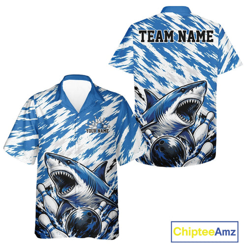 Custom Blue Camo Greate White Shark Bowling Team Hawaiian Shirt And, Bowling Jerseys