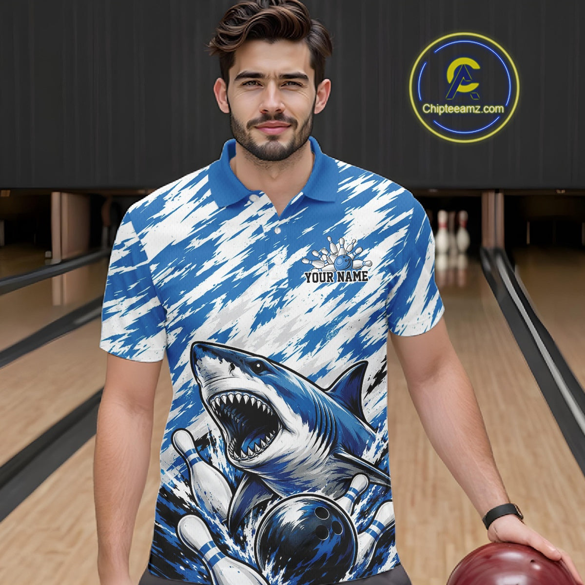 Custom Blue Camo Greate White Shark Bowling Team Polo Shirt, Bowling Jerseys