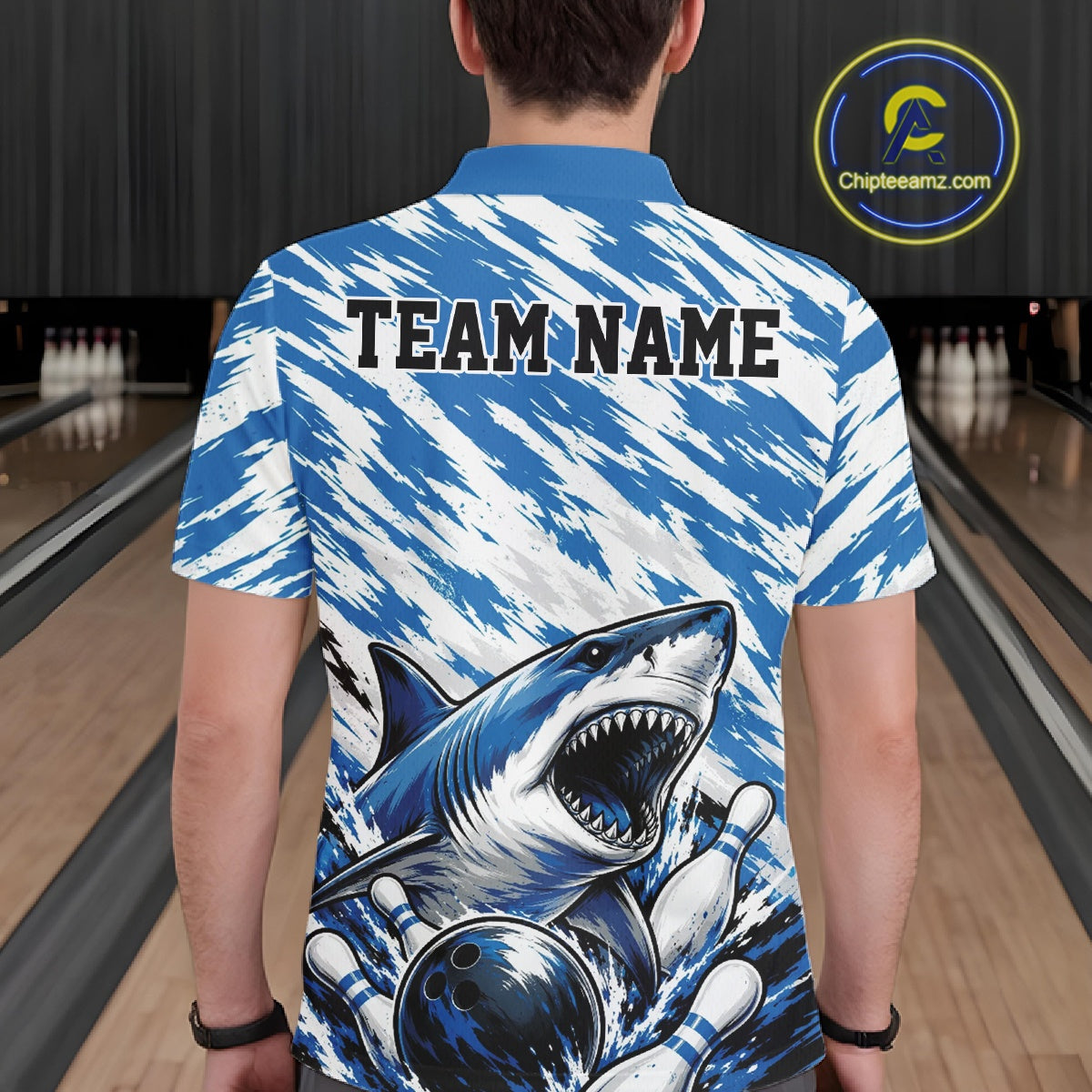 Custom Blue Camo Greate White Shark Bowling Team Polo Shirt, Bowling Jerseys
