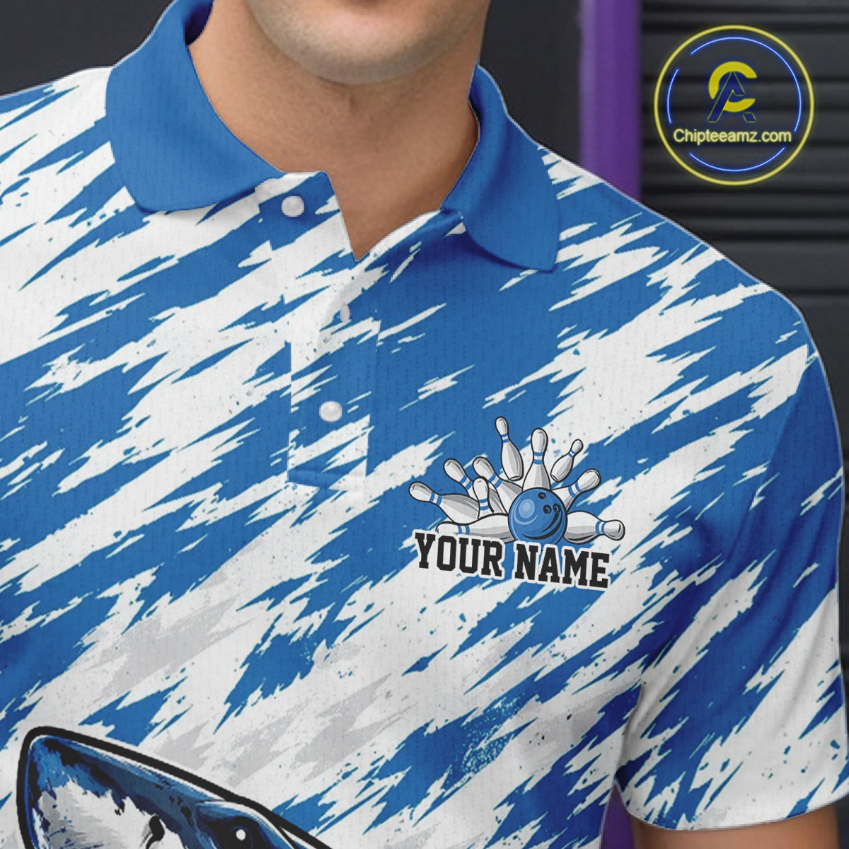 Custom Blue Camo Greate White Shark Bowling Team Polo Shirt, Bowling Jerseys