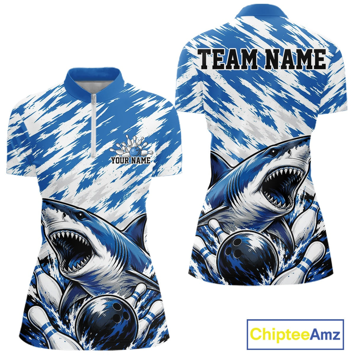 Custom Blue Camo Greate White Shark Bowling Quarter-Zip Shirt, Bowling Jersey