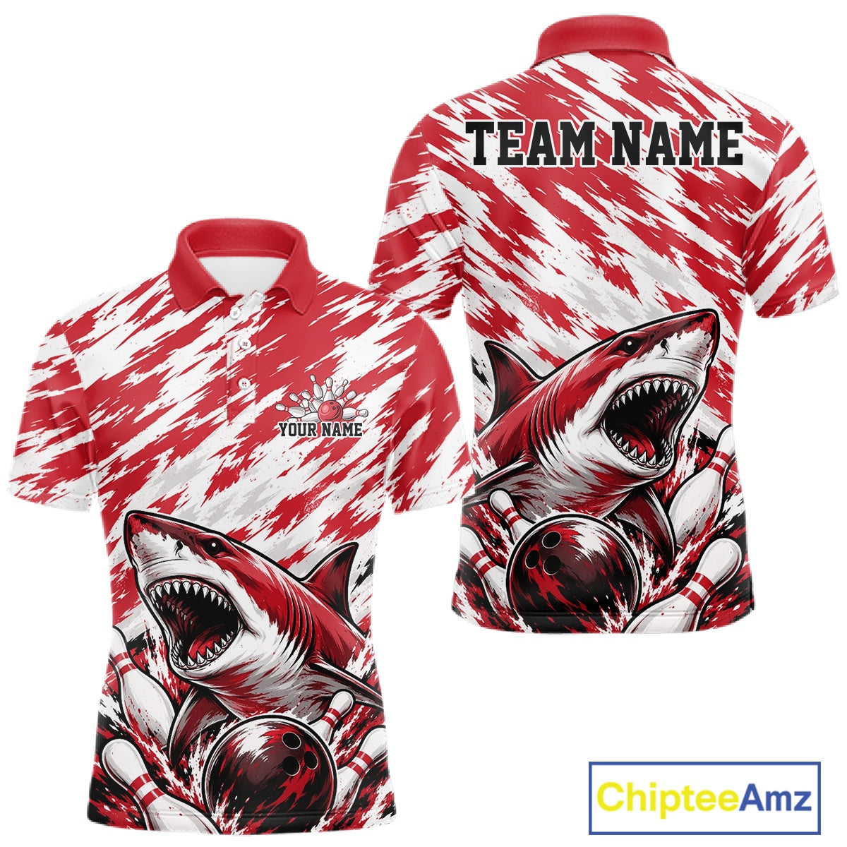 Custom Red Camo Greate White Shark Bowling Team Polo Shirt, Bowling Jerseys