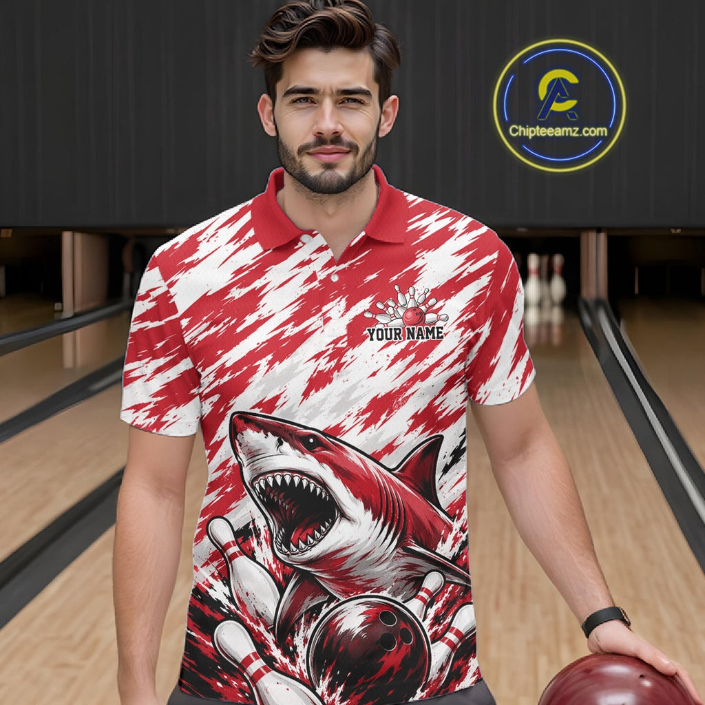 Custom Red Camo Greate White Shark Bowling Team Polo Shirt, Bowling Jerseys