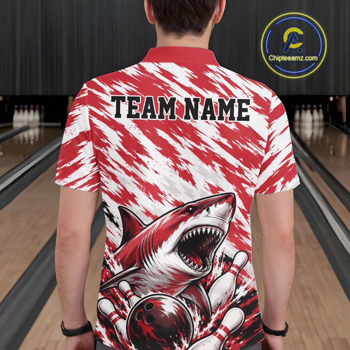 Custom Red Camo Greate White Shark Bowling Team Polo Shirt, Bowling Jerseys