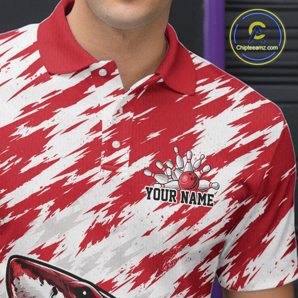 Custom Red Camo Greate White Shark Bowling Team Polo Shirt, Bowling Jerseys