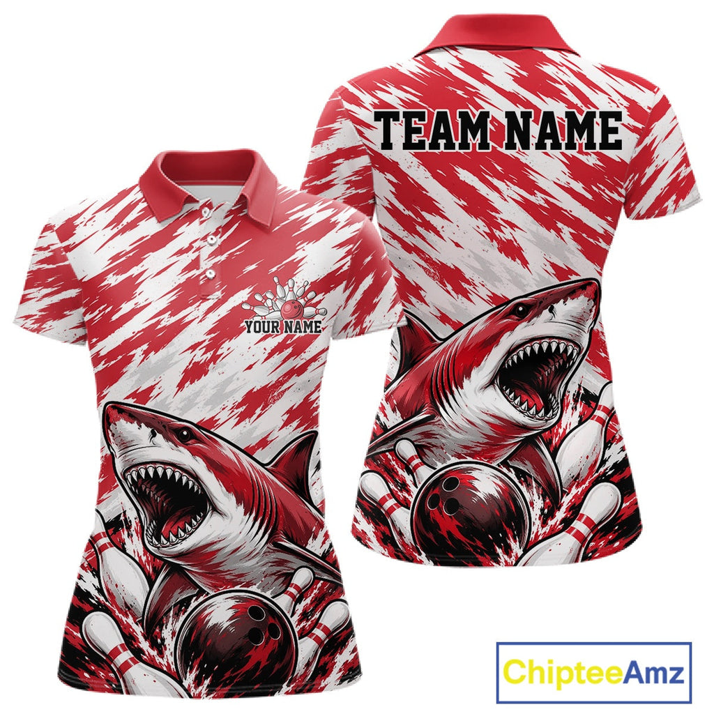 Custom Red Camo Greate White Shark Bowling Team Polo Shirt, Bowling Jerseys