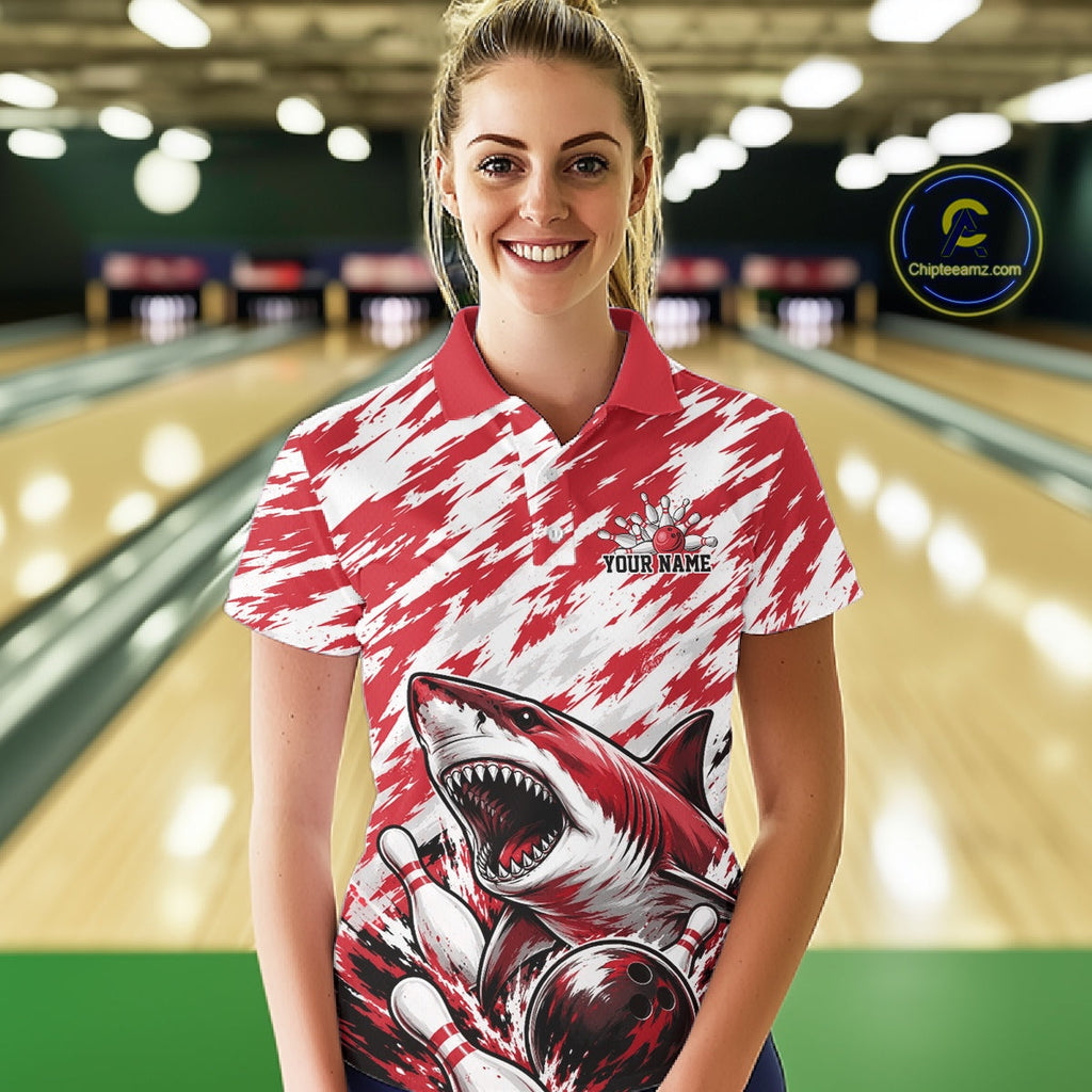 Custom Red Camo Greate White Shark Bowling Team Polo Shirt, Bowling Jerseys