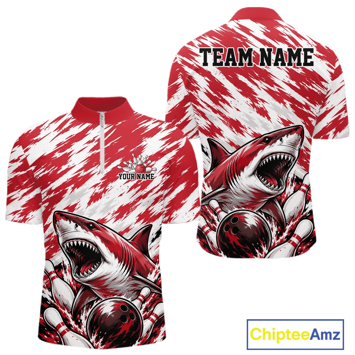 Custom Red Camo Greate White Shark Bowling Team Quarter-Zip Shirt, Bowling Jerseys