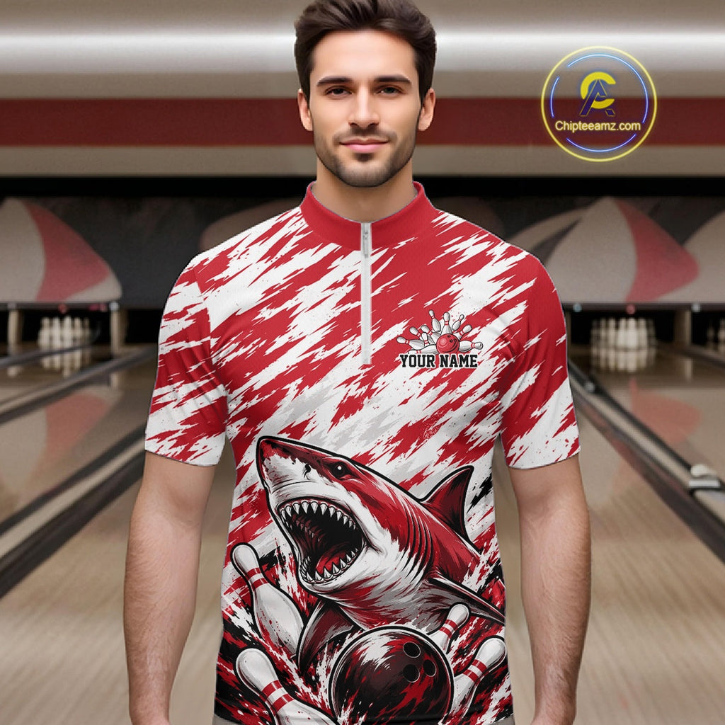 Custom Red Camo Greate White Shark Bowling Team Quarter-Zip Shirt, Bowling Jerseys