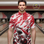 Custom Red Camo Greate White Shark Bowling Team Quarter-Zip Shirt, Bowling Jerseys