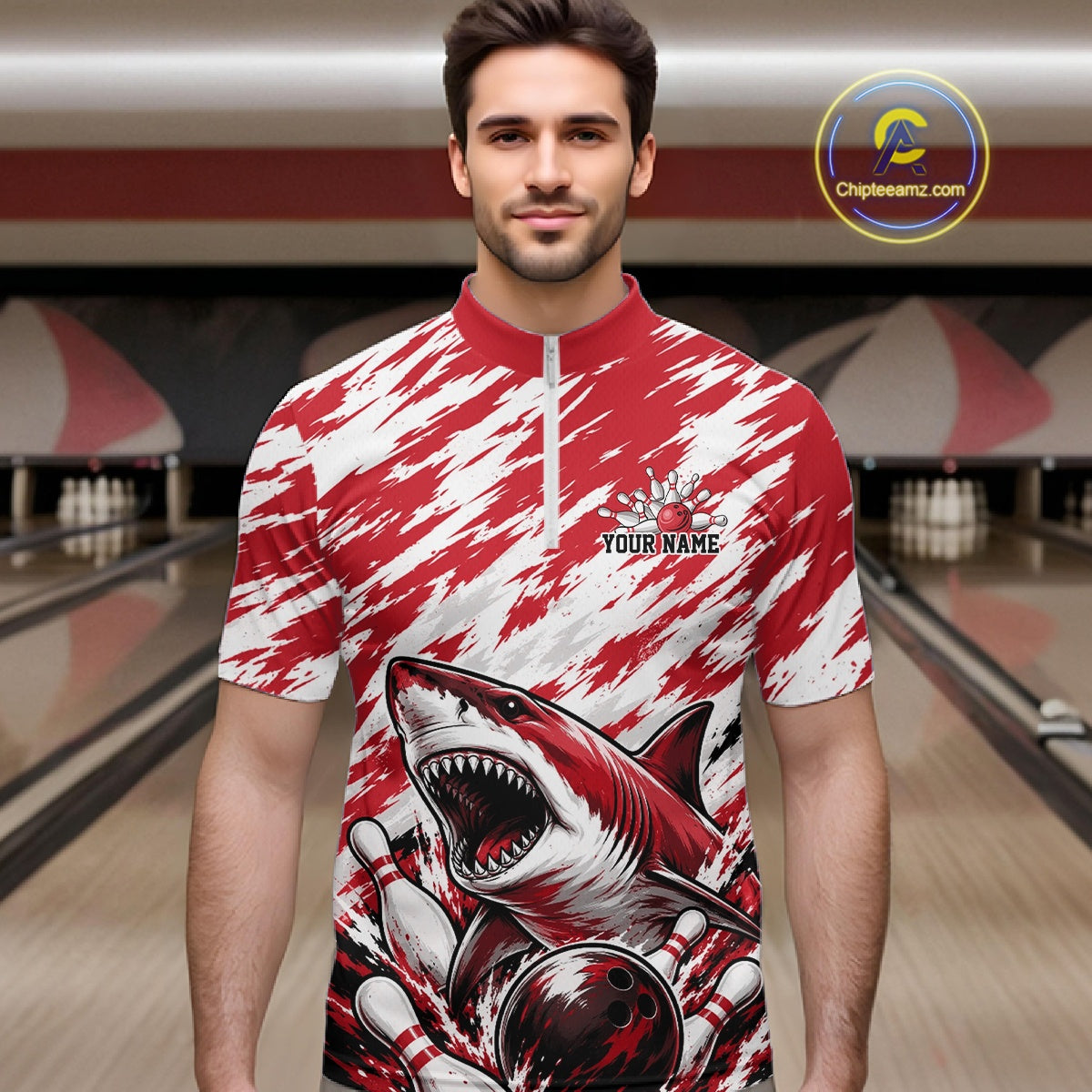 Custom Red Camo Greate White Shark Bowling Team Quarter-Zip Shirt, Bowling Jerseys