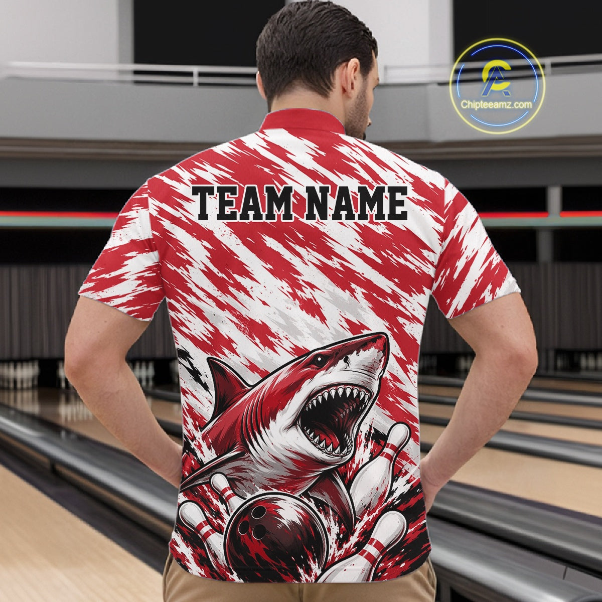 Custom Red Camo Greate White Shark Bowling Team Quarter-Zip Shirt, Bowling Jerseys