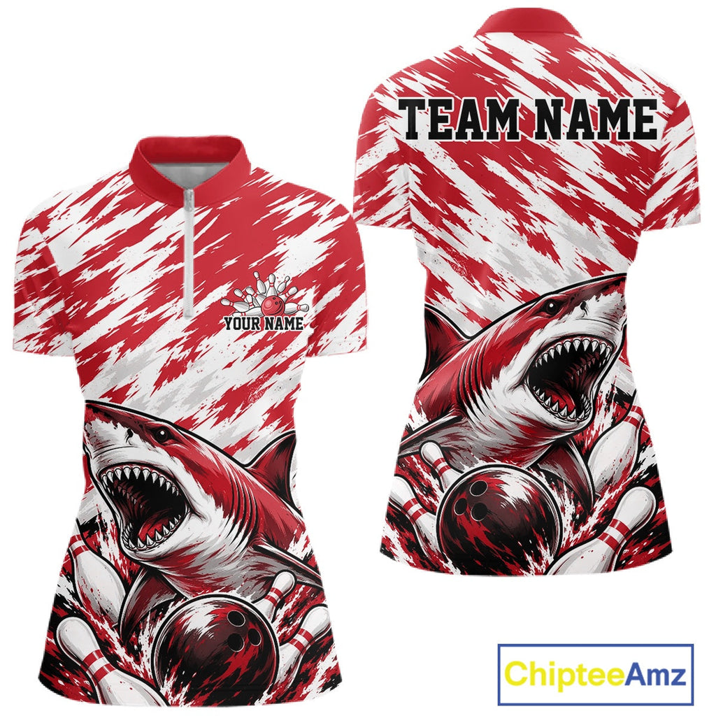 Custom Red Camo Greate White Shark Bowling Quarter-Zip Shirt, Bowling Jerseys