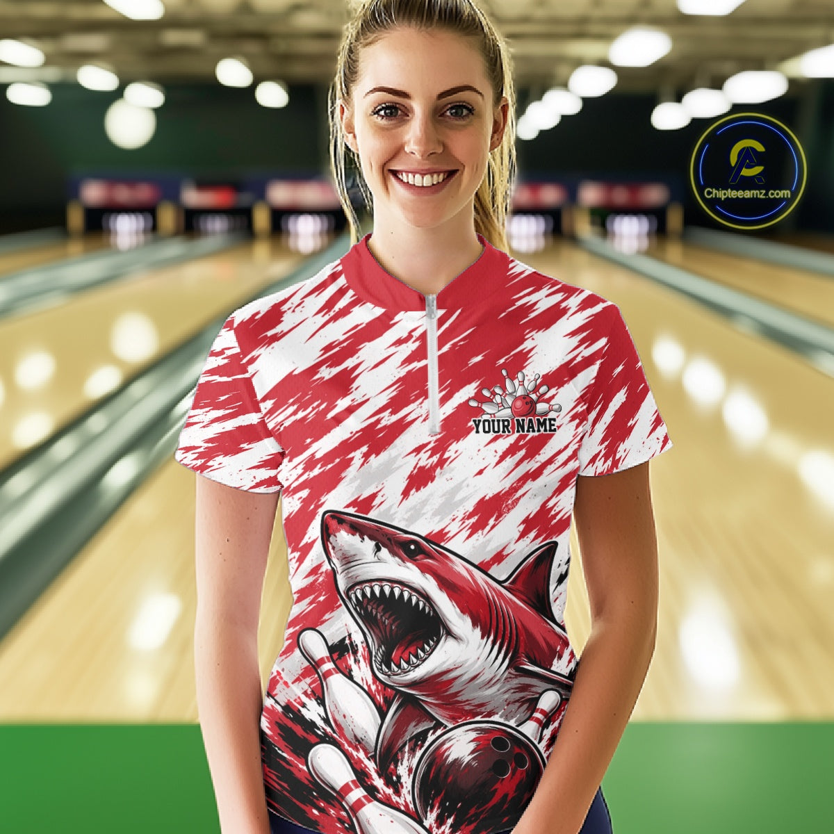 Custom Red Camo Greate White Shark Bowling Quarter-Zip Shirt, Bowling Jerseys