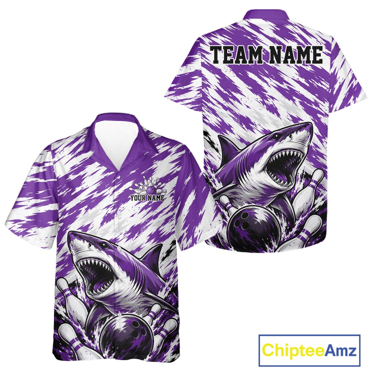 Custom Purple Camo Greate White Shark Bowling Team Hawaiian Shirt And, Bowling Jerseys