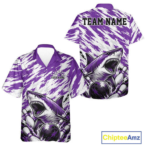 Custom Purple Camo Greate White Shark Bowling Team Hawaiian Shirt And, Bowling Jerseys