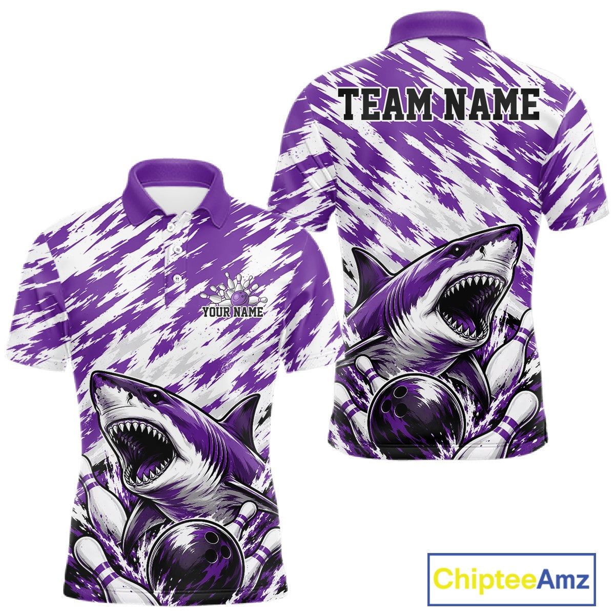 Custom Purple Camo Greate White Shark Bowling Team Polo Shirt, Bowling Jerseys