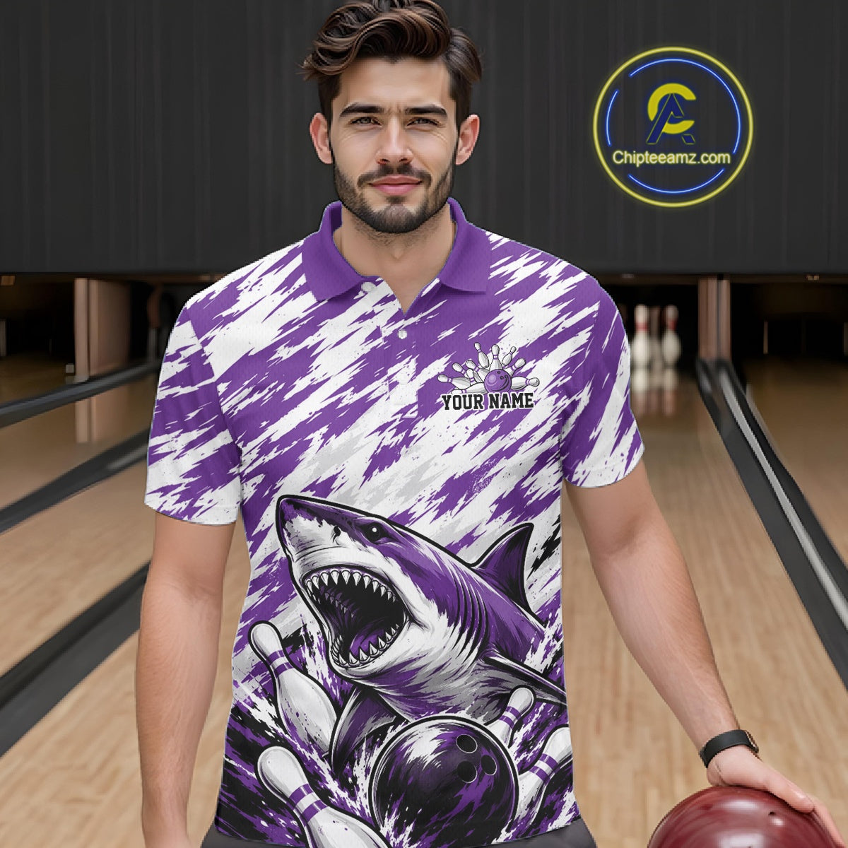 Custom Purple Camo Greate White Shark Bowling Team Polo Shirt, Bowling Jerseys