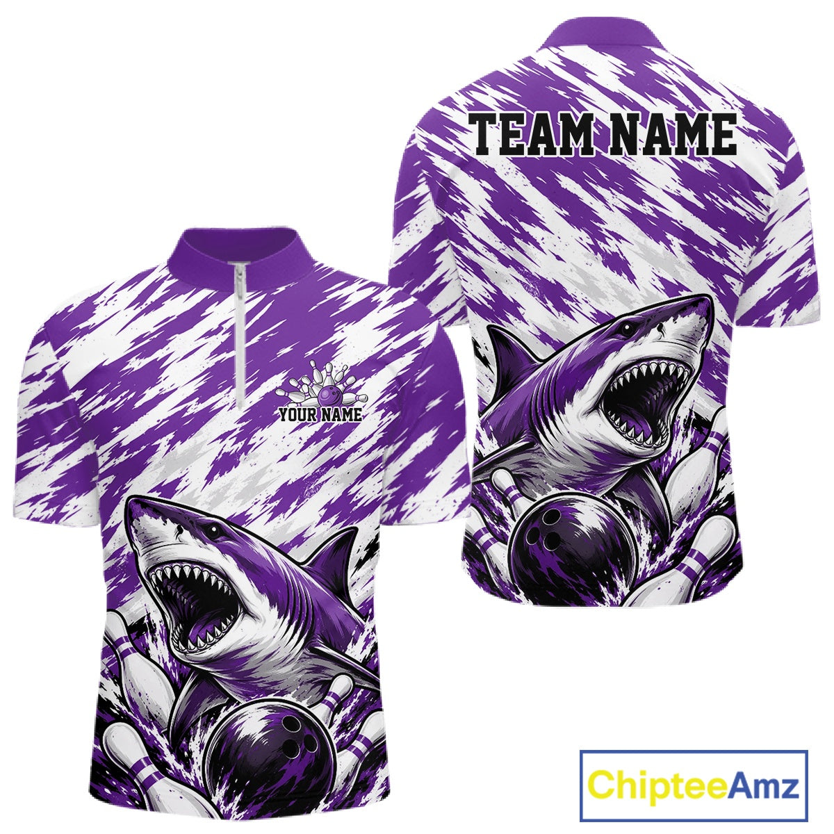 Custom Purple Camo Greate White Shark Bowling Team Quarter-Zip Shirt, Bowling Jerseys