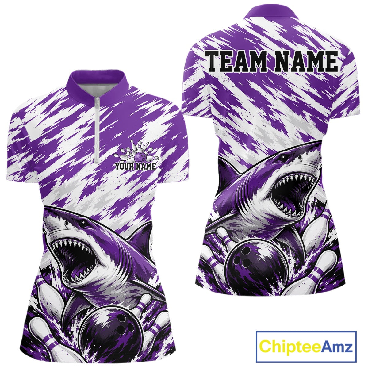 Custom Purple Camo Greate White Shark Bowling Quarter-Zip Shirt, Bowling Jerseys