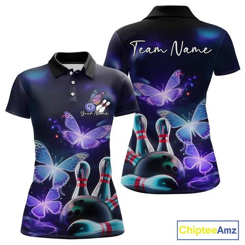 Custom Butterfly Bowling Polo Shirts, Bowling Team Shirt With Butterflies