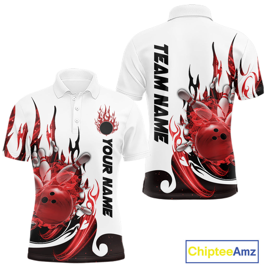 Custom Red Flame Bowling Team Jerseys, Bowling League Polo Shirt