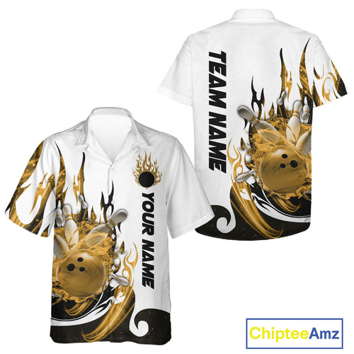 Custom Yellow Flame Bowling Team Jerseys, Bowling League Hawaiian Shirt And