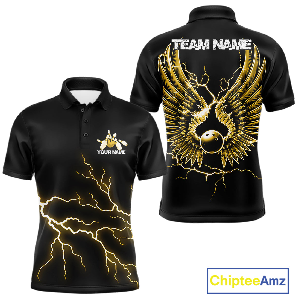 Custom Yellow Lightning Bowling Ball With Wings Bowling Team Shirt, Bowling Jerseys