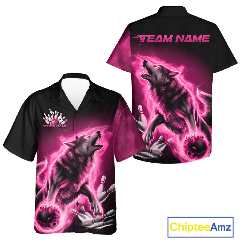Pink Flame Wolf Custom Bowling Team Shirt And, Fire Wolf Bowling Jerseys