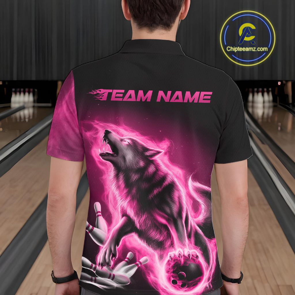 Pink Flame Wolf Custom Bowling Team Shirt, Fire Wolf Bowling Jerseys
