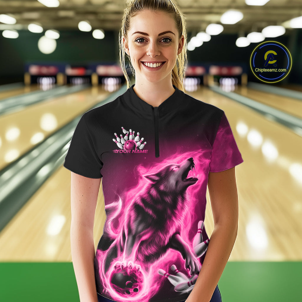 Pink Flame Wolf Custom Bowling Team Shirt, Fire Wolf Bowling Jerseys