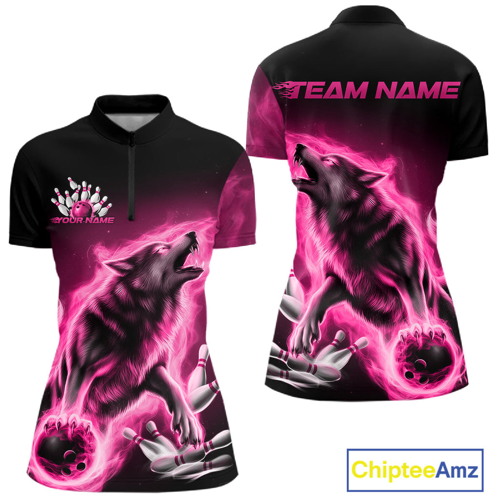 Pink Flame Wolf Custom Bowling Team Shirt, Fire Wolf Bowling Jerseys