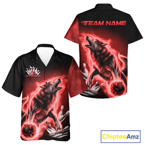 Red Flame Wolf Custom Bowling Team Shirt And, Fire Wolf Bowling Jerseys