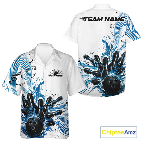 Custom Blue Music Flame Bowling And Hawaiian Shirt, Bowling League Shirt Bowler Jerseys