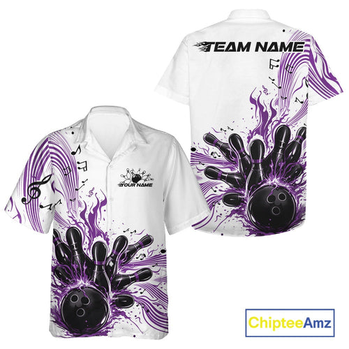 Custom Purple Music Flame Bowling And Hawaiian Shirt, Bowling League Shirt Bowler Jerseys