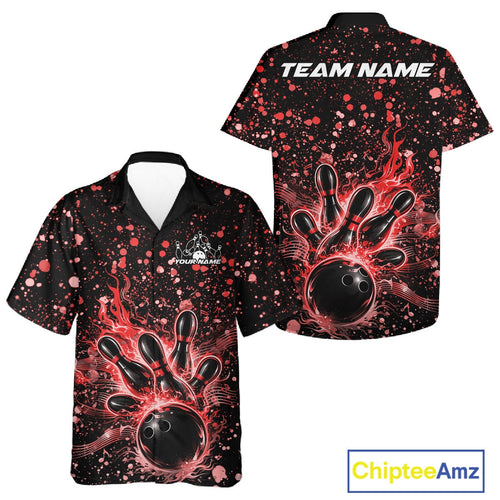 Custom Red Splatter Music Flame Bowling And Hawaiian Shirt, Music Bowling Jerseys