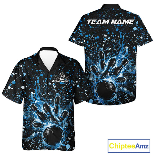 Custom Blue Splatter Music Flame Bowling And Hawaiian Shirt, Music Bowling Jerseys