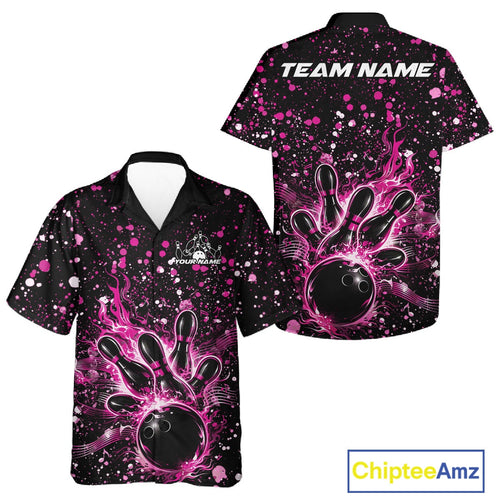 Custom Pink Splatter Music Flame Bowling And Hawaiian Shirt, Music Bowling Jerseys