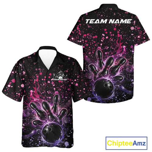 Custom Pink And Purple Splatter Music Flame Bowling And Hawaiian Shirt, Music Bowling Jerseys