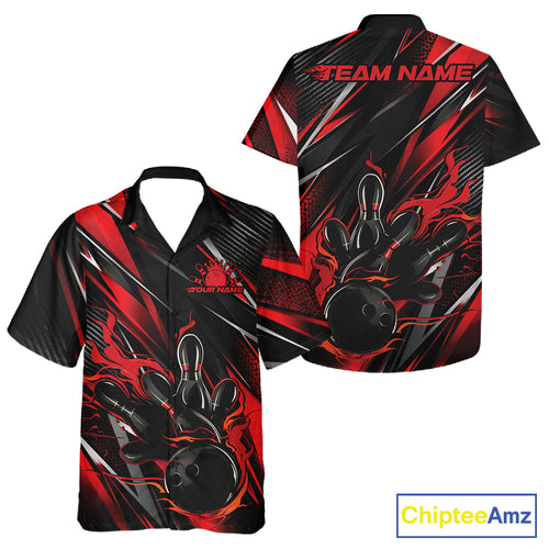 Black And Red Flame Custom Bowling And Button Up Shirt, Bowling Tournament Team Jersey