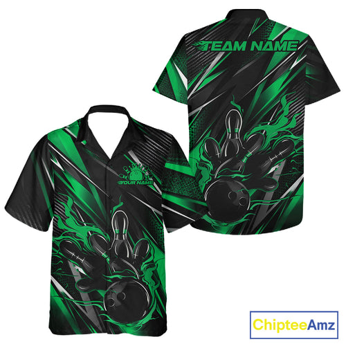 Black And Green Flame Custom Bowling And Button Up Shirt, Bowling Tournament Team Jersey