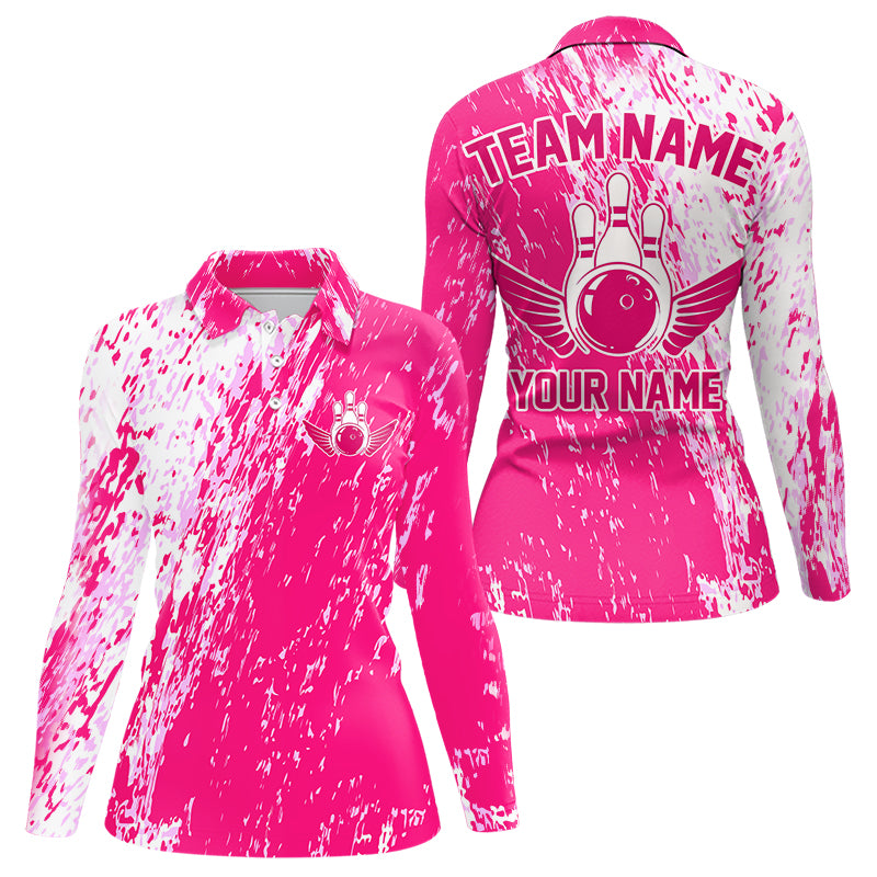Custom Pink Bowling Long Sleeve Polo Shirt, Bowling Jerseys Bowling Pins With Wings