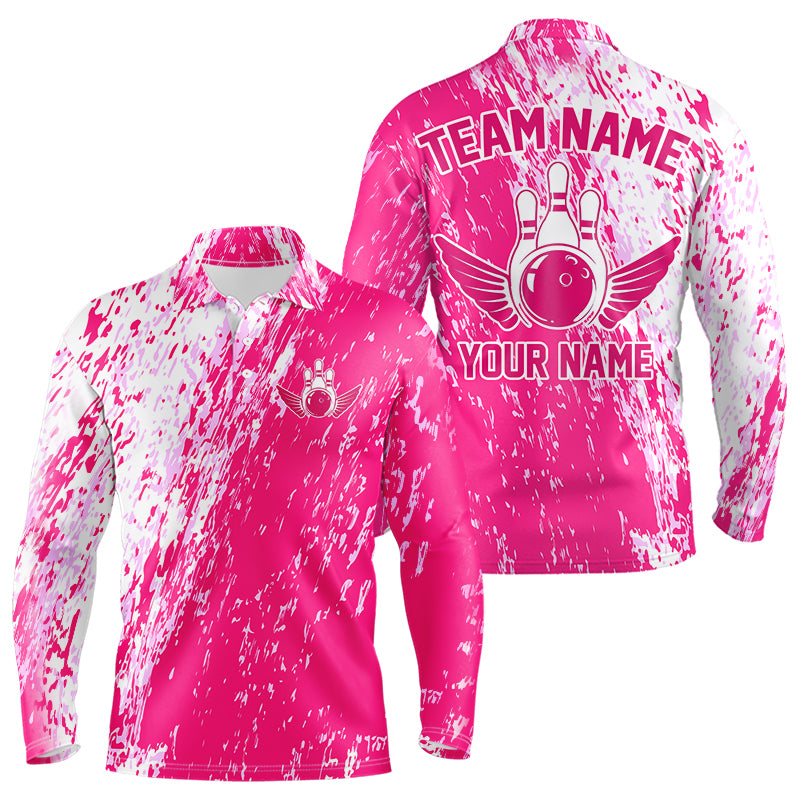 Custom Pink Bowling Long Sleeve Polo Shirts, Team Bowling Jerseys Bowling Pins With Wings