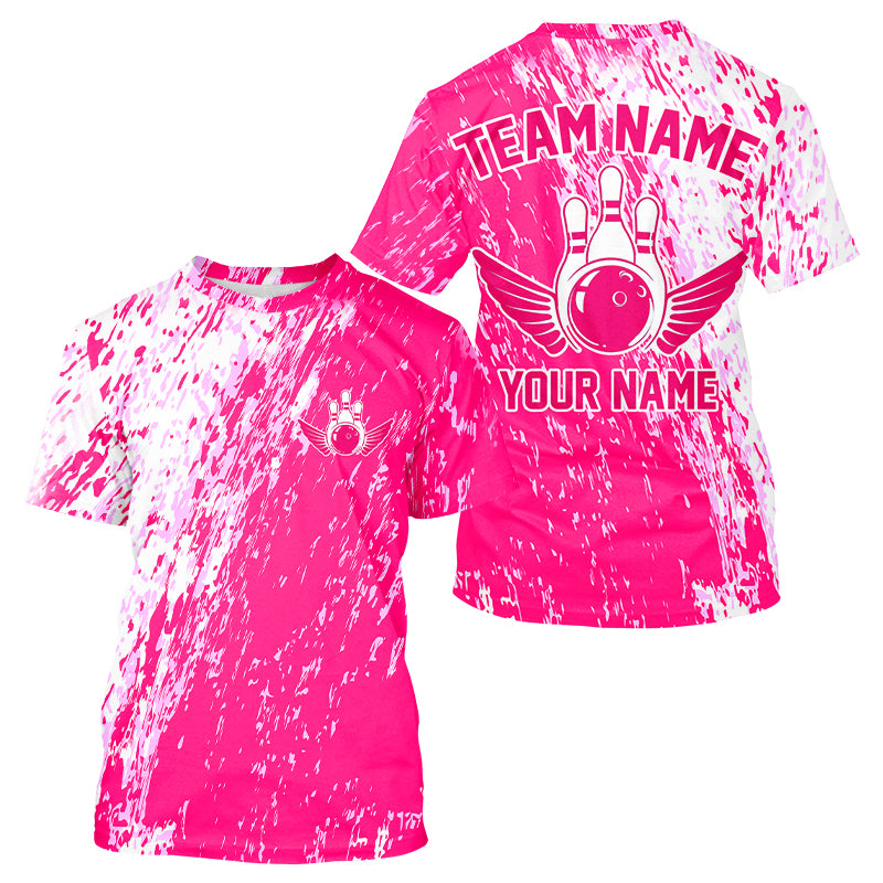 Custom Pink Bowling T-Shirts, Team Bowling Jerseys Bowling Pins With Wings