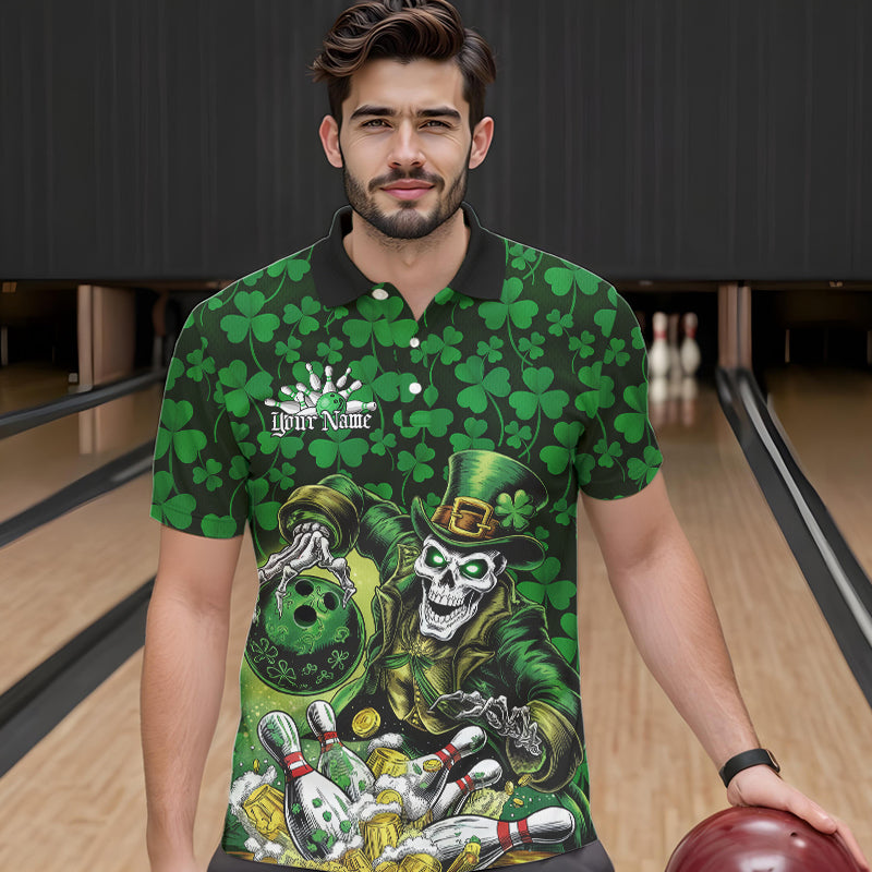 Custom Funny Saint Patricks Day Skull And Beer Bowling Polo Shirt, Lucky Team Shirt