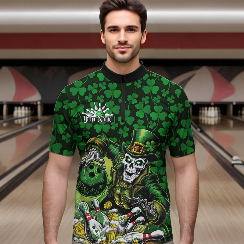 Custom Funny Saint Patricks Day Skull And Beer Bowling Quarter-Zip Shirt, Lucky Team Shirt